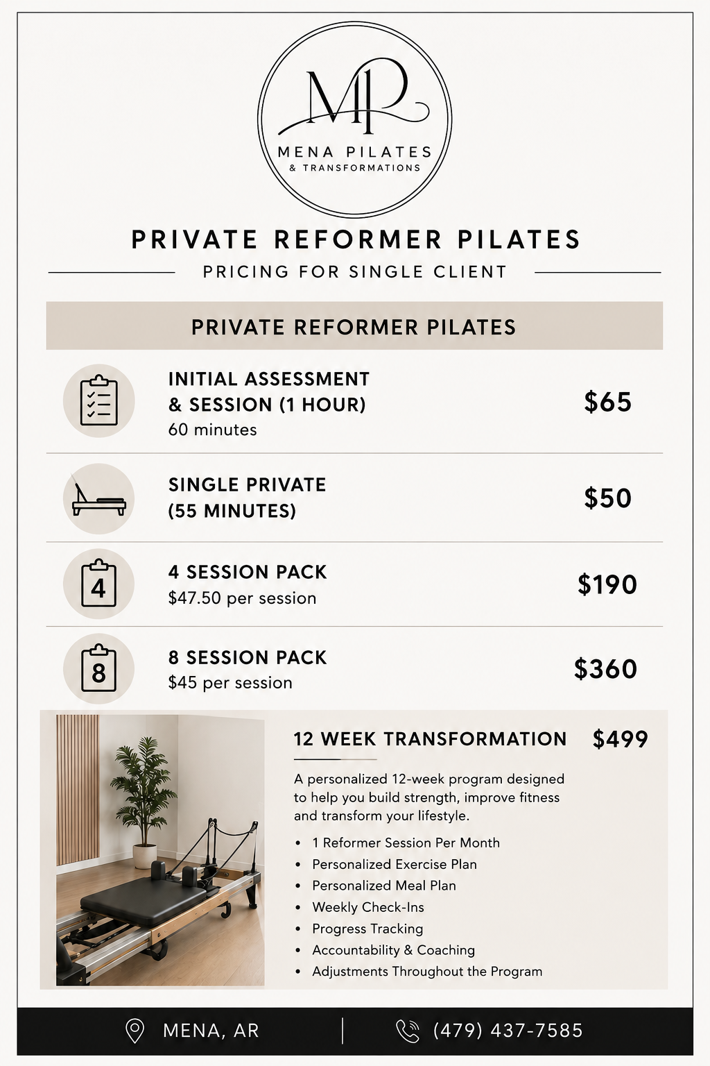 Mena Pilates private Reformer Pilates pricing and 12-week transformation program